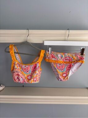 Girls Paisley Ruffle Bikini Set in Bright Orange